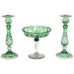 Stevens & Williams Emerald Green Clear Crystal Candlesticks & Footed Centerpiece