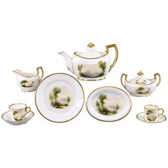 Antique Royal Worcester 9 Pc. Handpainted Artist Signed, Rushton, Scenic Breakfast Set