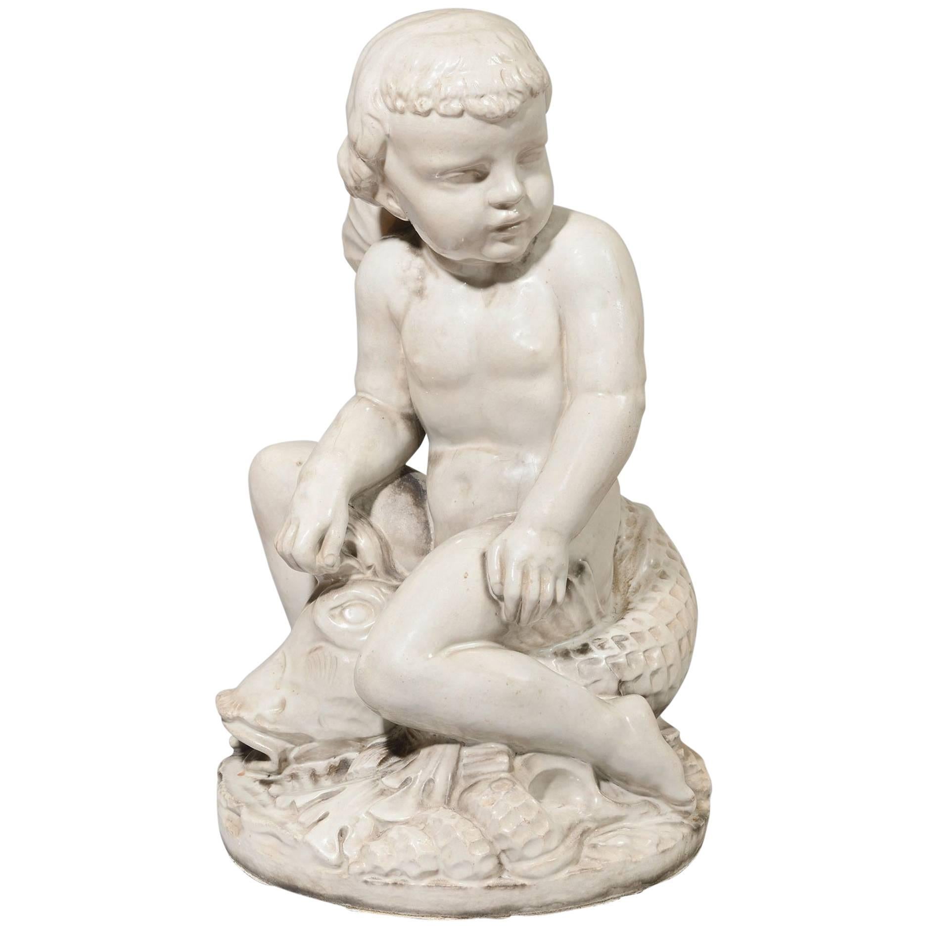 Glazed Ceramic Sculpture "Child with fish" in the Style of Louis Sue, circa 194 For Sale
