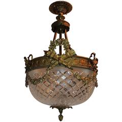 Wonderful French Neoclassical Four-Light Beveled Frosted Crystal Bowl Chandelier