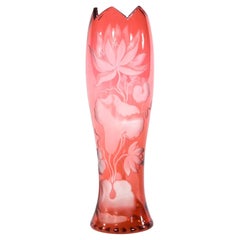 Webb Handblown Cranberry Cut to Clear Crystal Vase with Engraved Water Lilies