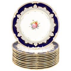 Royal Crown Derby Dessert Service with Cobalt Blue, Gold & Hand-Painted Flowers