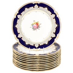 Retro Royal Crown Derby Dessert Service with Cobalt Blue, Gold & Hand-Painted Flowers