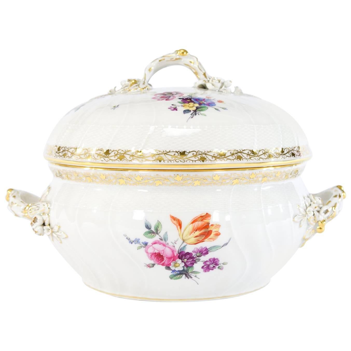 KPM White & Gold Round Tureen with Hand Painted Floral Decoration Molded Relief