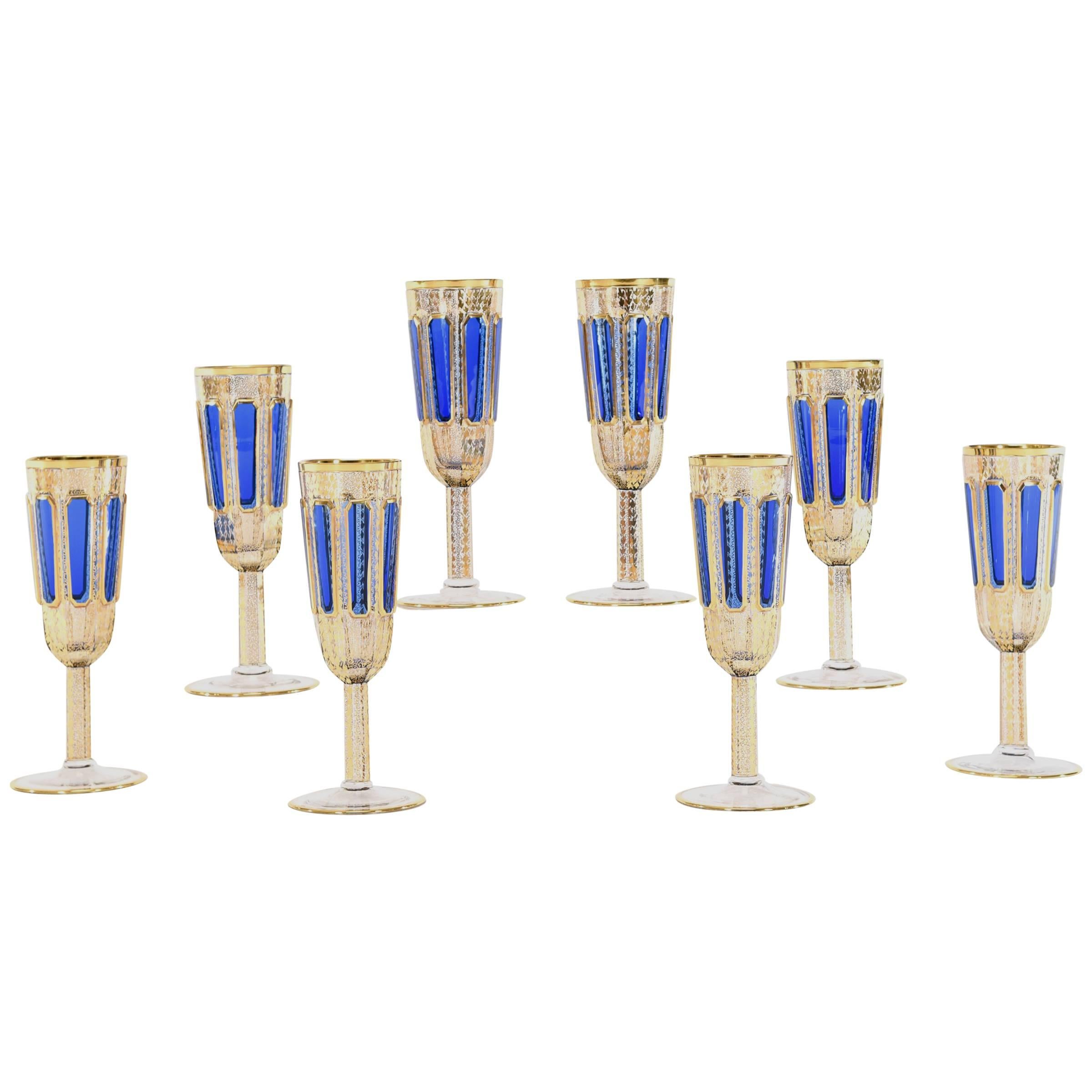 Set of Eight Moser Crystal Panel Cut Cobalt Blue Enamel & Gold Champagne Flutes