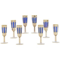 Vintage Set of Eight Moser Crystal Panel Cut Cobalt Blue Enamel & Gold Champagne Flutes