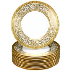 Set of 12 Minton Gold Rimmed Porcelain Ball Dinner Plates