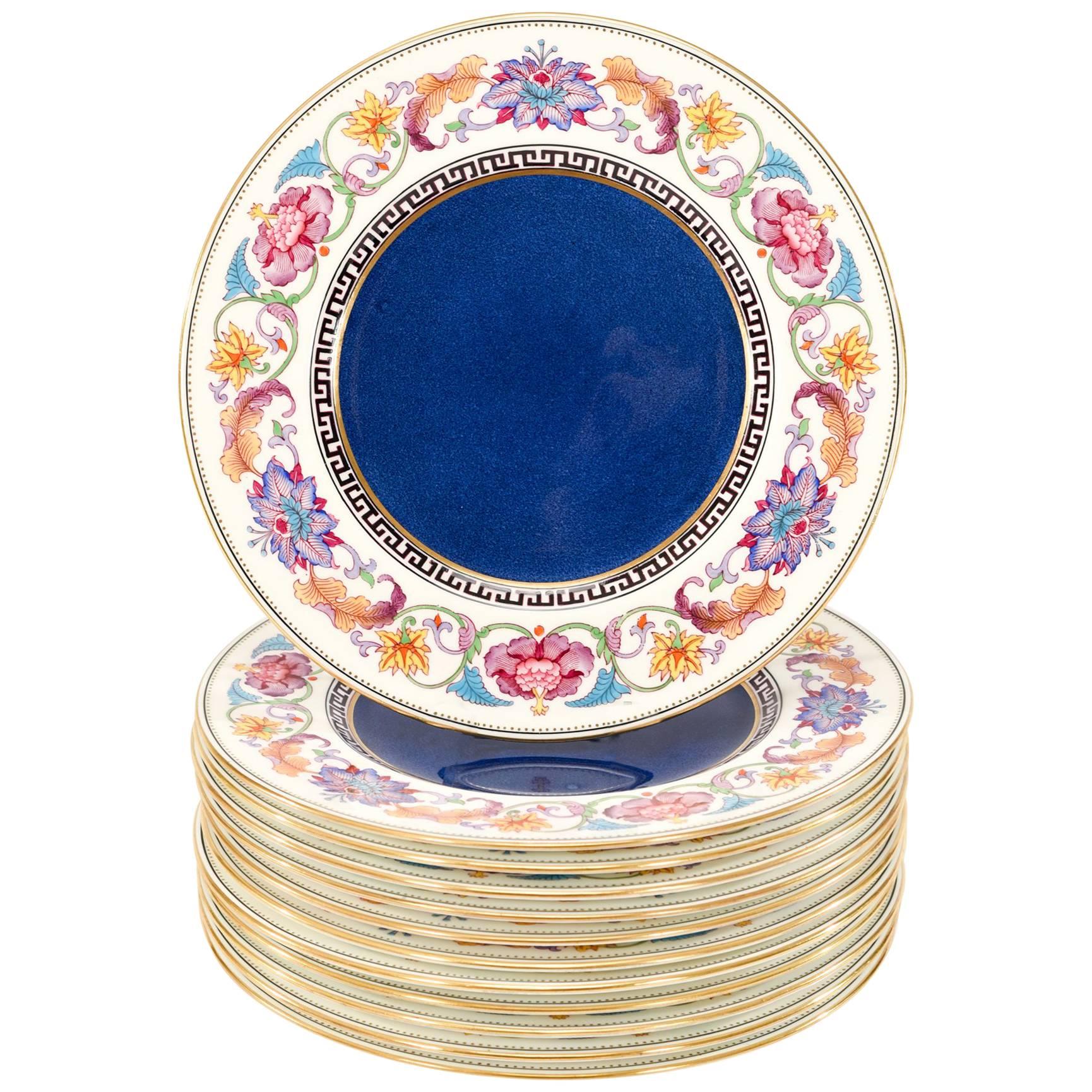 Set of 12 Wedgwood Dinner Plates with Cobalt Centers & Aesthetic Movement Enamel