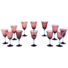 Set of 12 Steuben Handblown Amethyst Optic Rib Goblets with Celeste Blue Stem