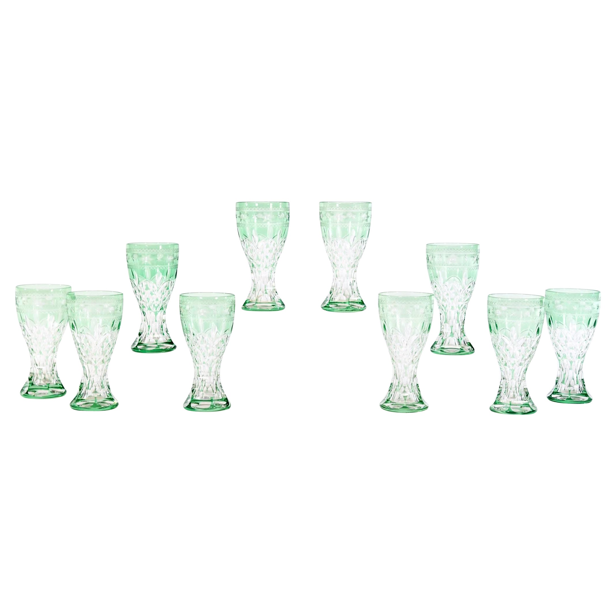 Set of 10 Webb Apple Green Wheel Cut to Clear Crystal Tumblers