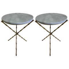 Pair French Mid-Century Brass Faux Bamboo & Marble Side Tables by Maison Baguès
