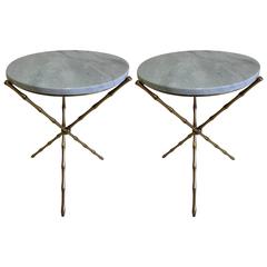 Pair of Brass Faux Bamboo and Marble Side Tables by Maison Baguès, France 1