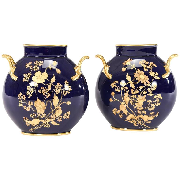 Pair of Limoges Cobalt Blue and Raised Paste Gold Vases with Floral