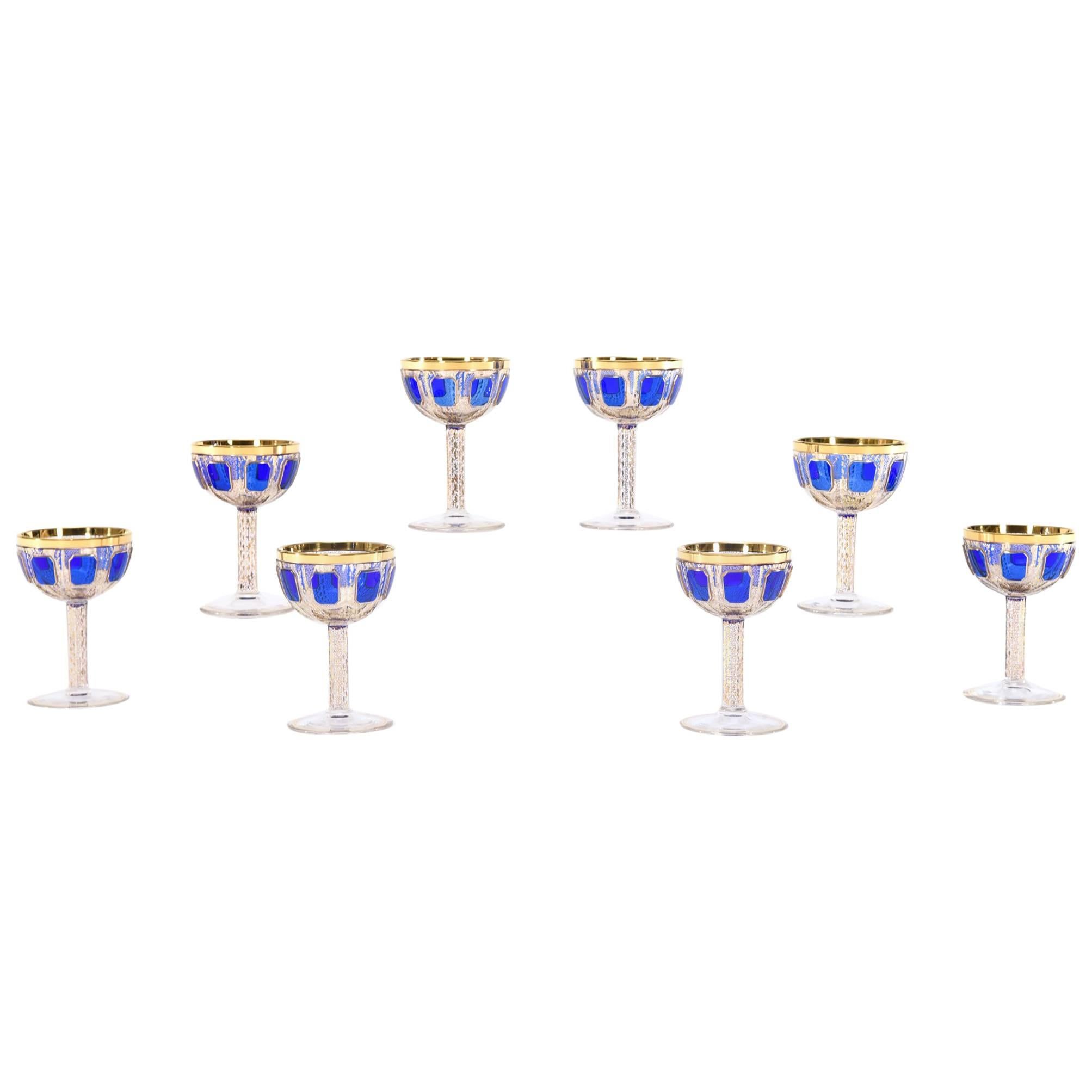 Set of Eight Moser Cobalt Blue and Gold Panel Cut Champagne Coupes