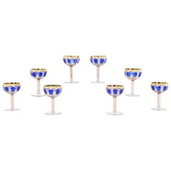 Set di otto coupé di champagne Moser con taglio a pannello blu cobalto e oro