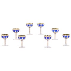 Antique Set of Eight Moser Cobalt Blue and Gold Panel Cut Champagne Coupes