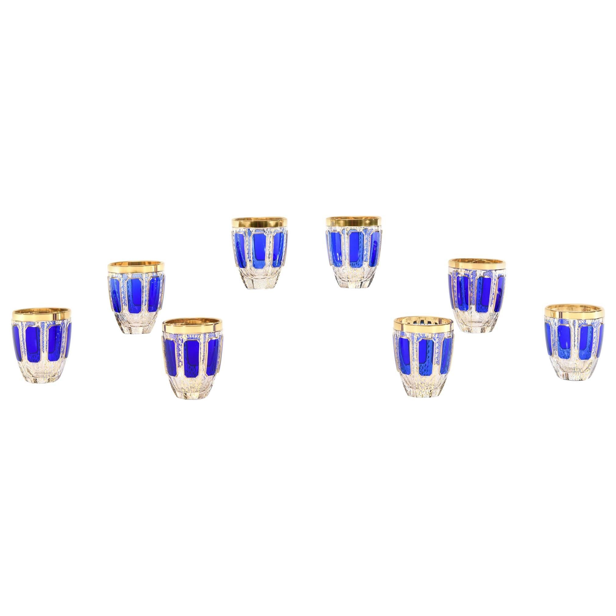 Set of Eight Moser Cobalt Blue and Gold Crystal Rounded High Ball Glasses