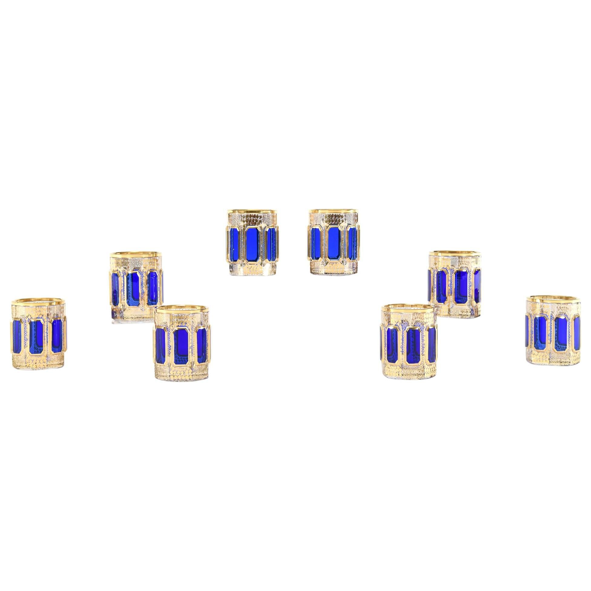 Set of Eight Moser Cobalt Blue and Gold Crystal High Ball Glasses Panel Cut
