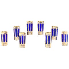 Used Set of Eight Moser Cobalt Blue and Gold Crystal Tumblers Panel Cut