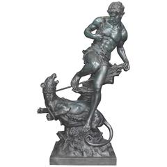 XL Bronze Man and Lion Battle Classical Statue by Barye Signed Barrie Architectu
