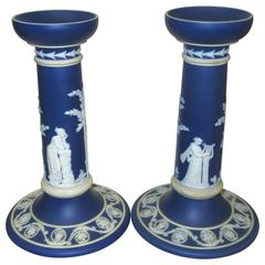 Vintage Pair of Dark Blue Wedgwood Jasperware Candlesticks