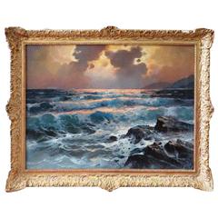 Magnificent Large Original Painting Ocean Sunset Scene by Alexander Dzigurski