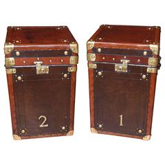 Pair of English Leather Retro Steamer Trunks Luggage Box Tables