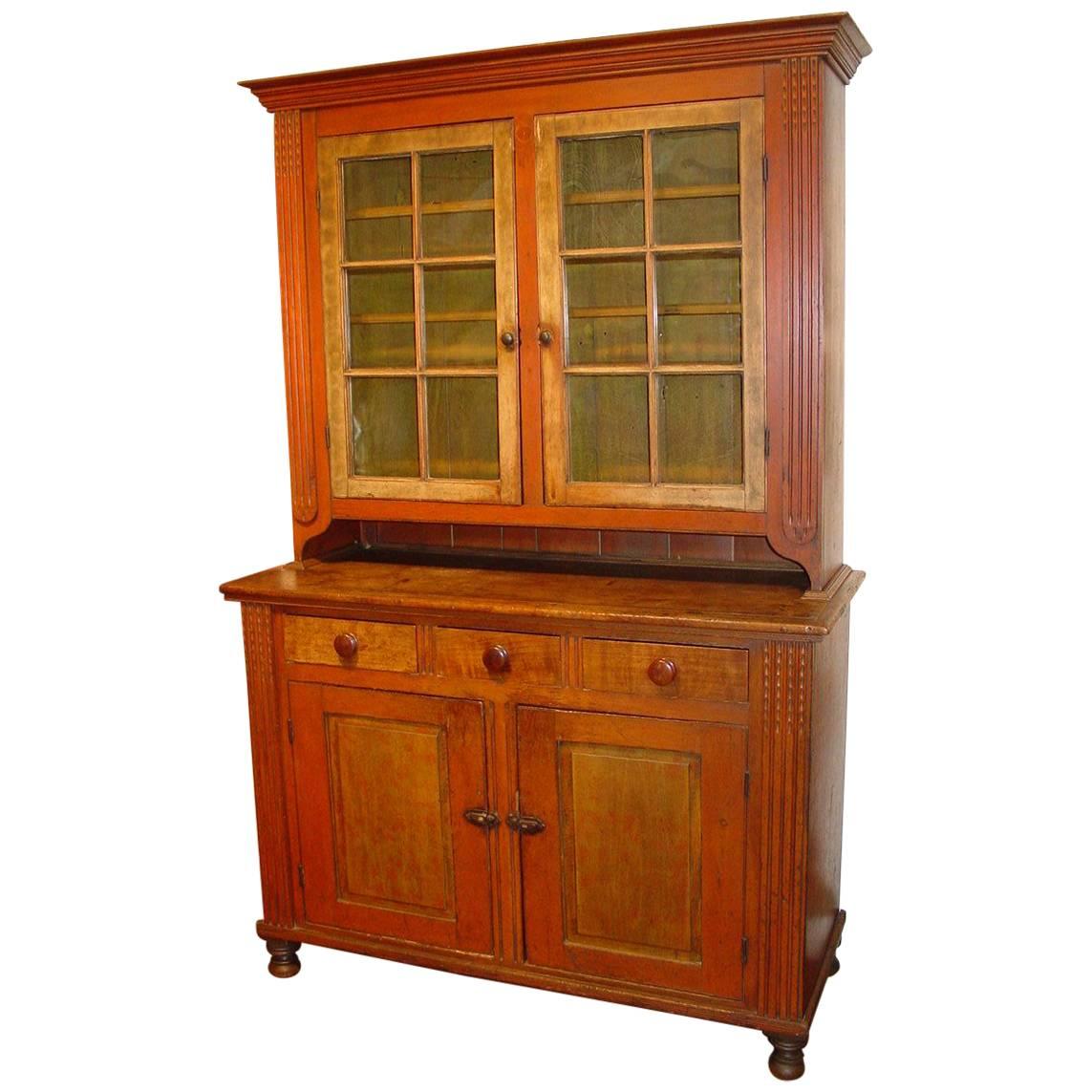 Pennsylvania Red-Painted Pine Two-Part Dutch Cupboard For Sale