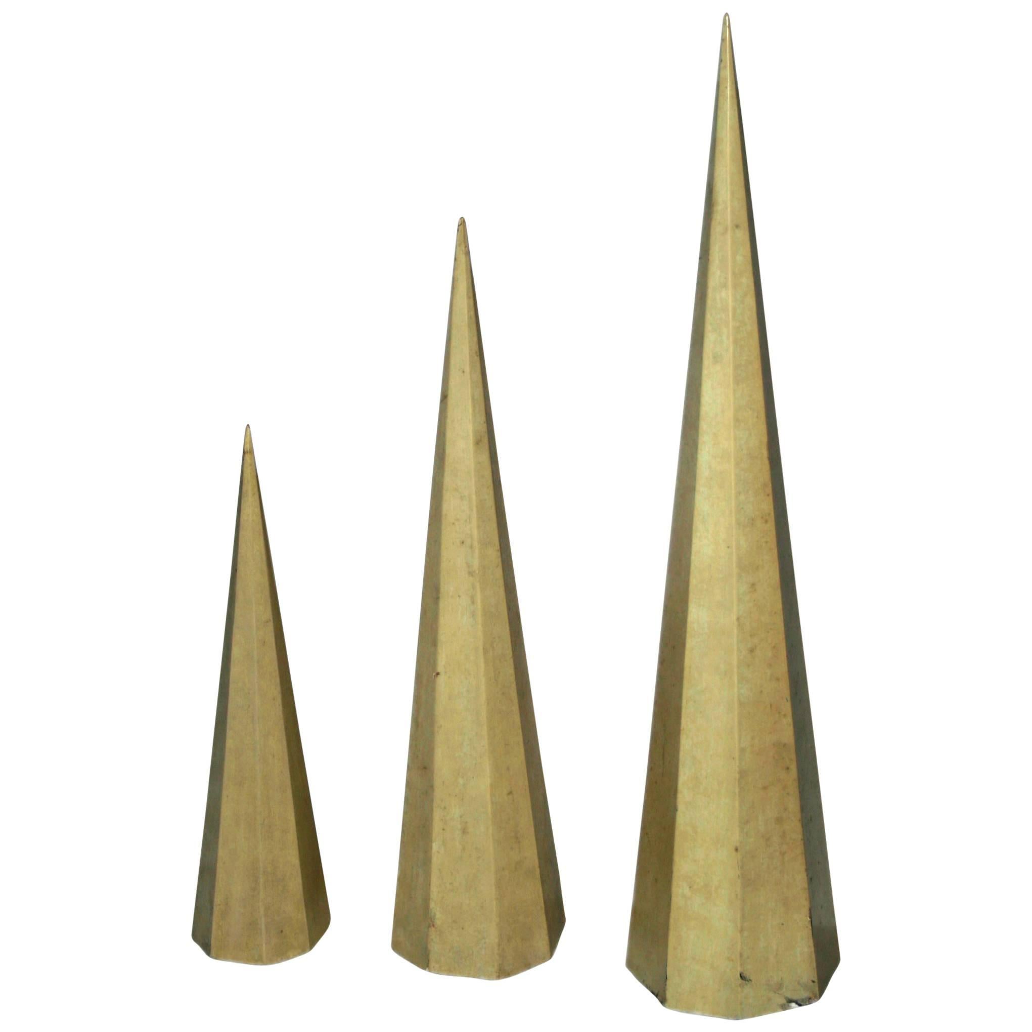 Set of Three Carved Wood Cones For Sale