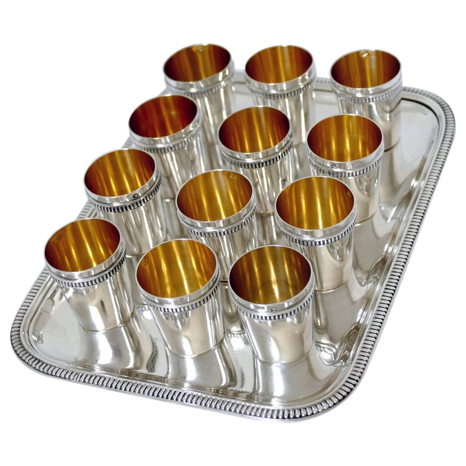 Rare French All Sterling Silver 18-Karat Gold Liquor Cups 12 Pieces with Tray For Sale