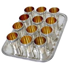 Rare French All Sterling Silver 18-Karat Gold Liquor Cups 12 Pieces with Tray