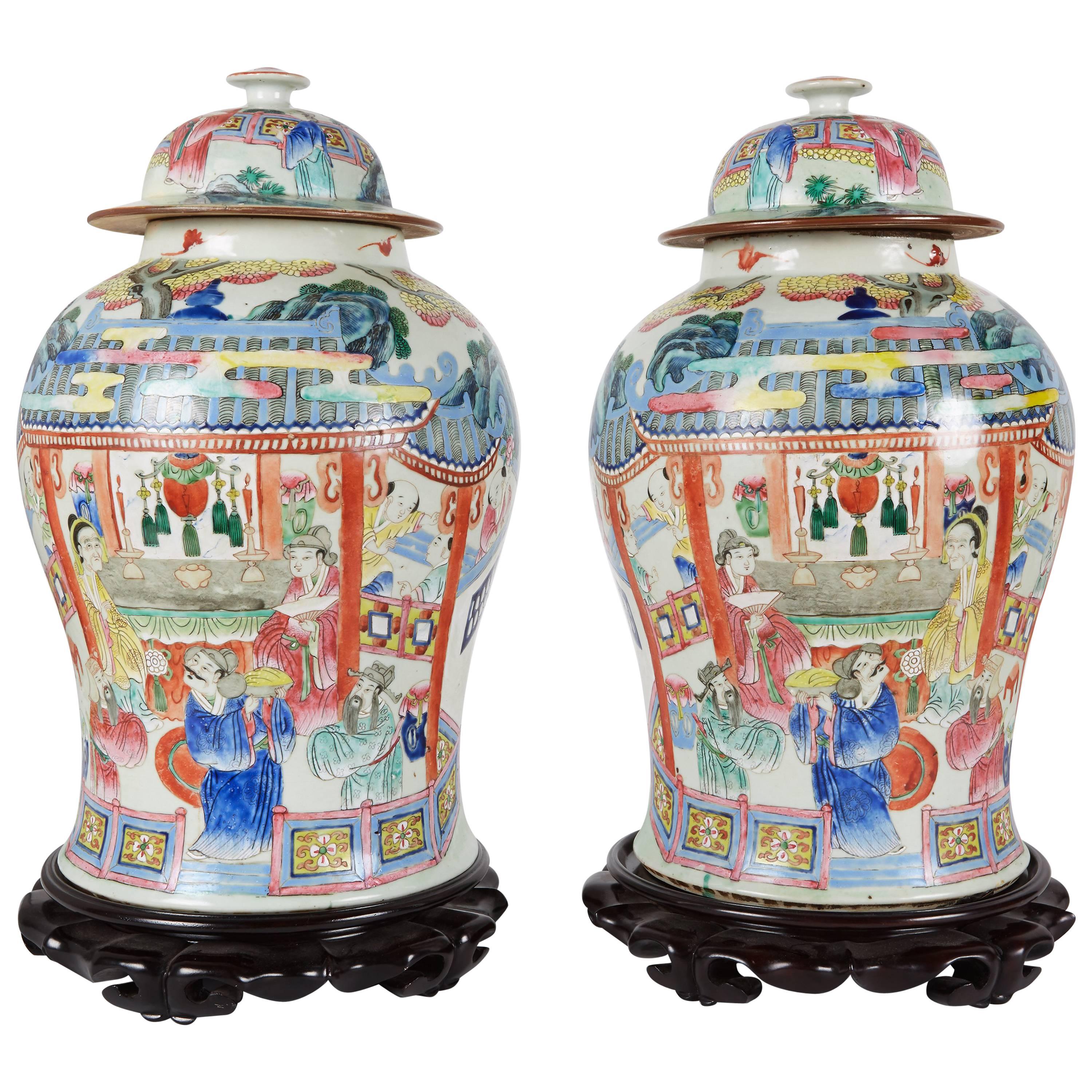 Pair of Large Lidded Chinese Ginger Jars