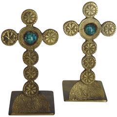 Brass Cross Bookends with Turquoise Cabochons