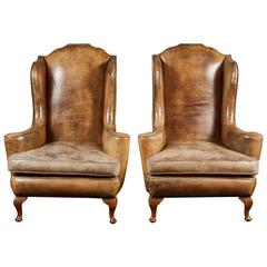 Antique Pair of 19th Century Queen Anne Leather Wing Chairs