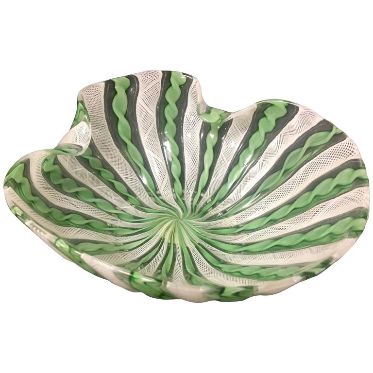 Mouthblown Venini Latticino Footed Murano Glass Bowl For Sale at 1stdibs