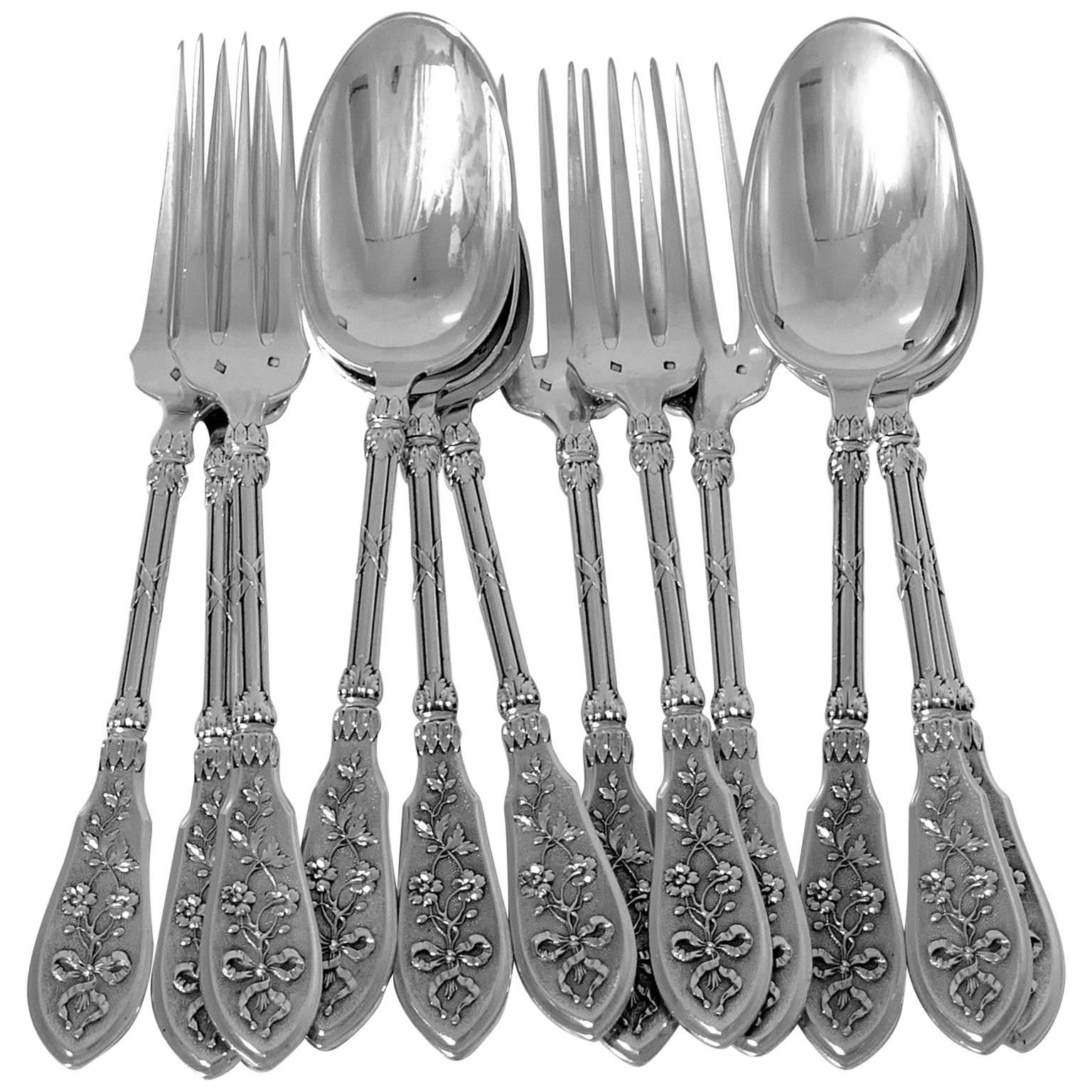 Henin French Sterling Silver Dinner Flatware Set 12 Pieces Musical Instruments For Sale