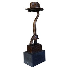 Retro Unique Bronze Fashion Sculpture of Walking Cane in a Hat with Colar & Tie