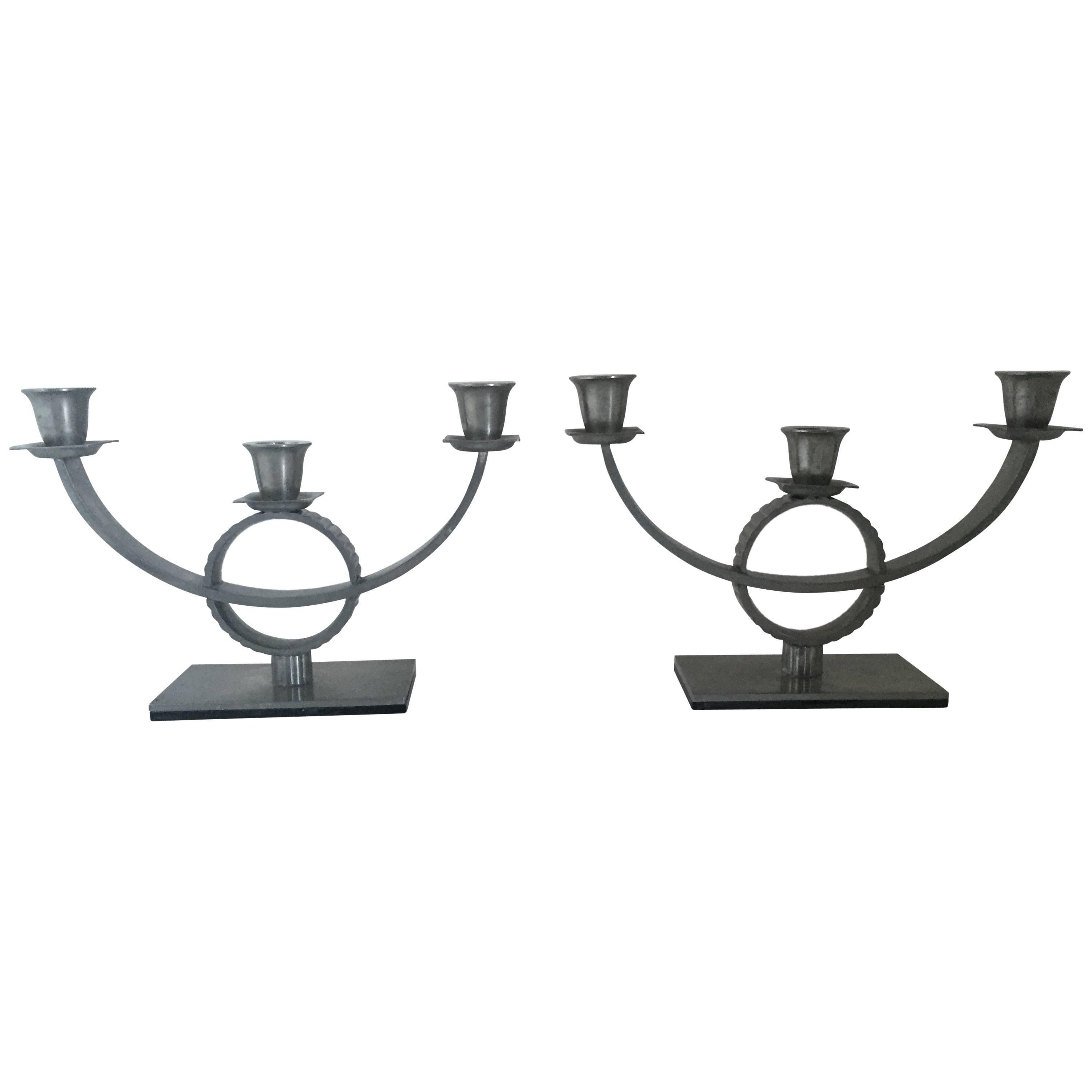 1930 Swedish Grace Pair of Art Deco Pewter Candelabra For Sale