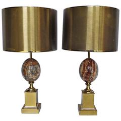 Pair of Gilt Brass and Onyx Lamps Signed Maison Charles, 1960