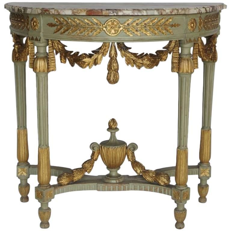Small Louis XVI Style Half-Moon Green Console, circa 1880 Stamped Mercier Frères