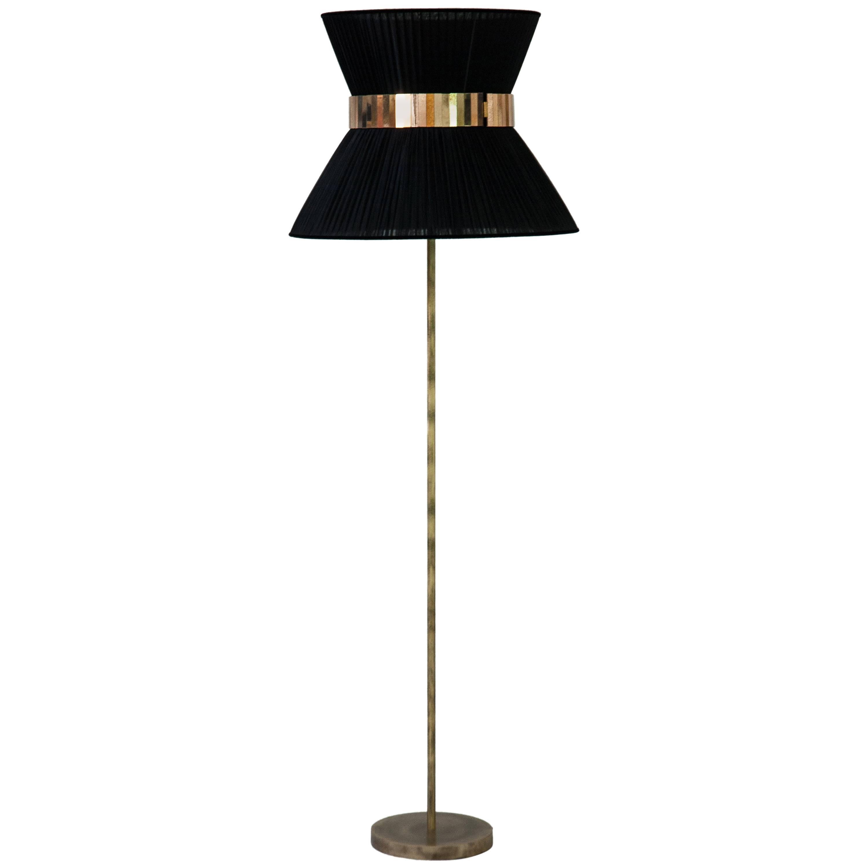  Tiffany contemporary Floor Lamp black Silk, Antiqued Brass, Silvered Glass  
