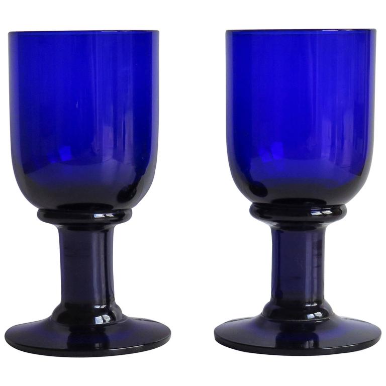 Pair of Wine Glasses or Drinking Goblets Bristol Blue Thick Stems
