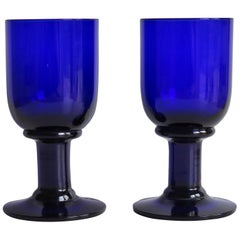 Antique Pair of Wine Glasses or Drinking Goblets Bristol Blue Thick Stems, Circa 1880