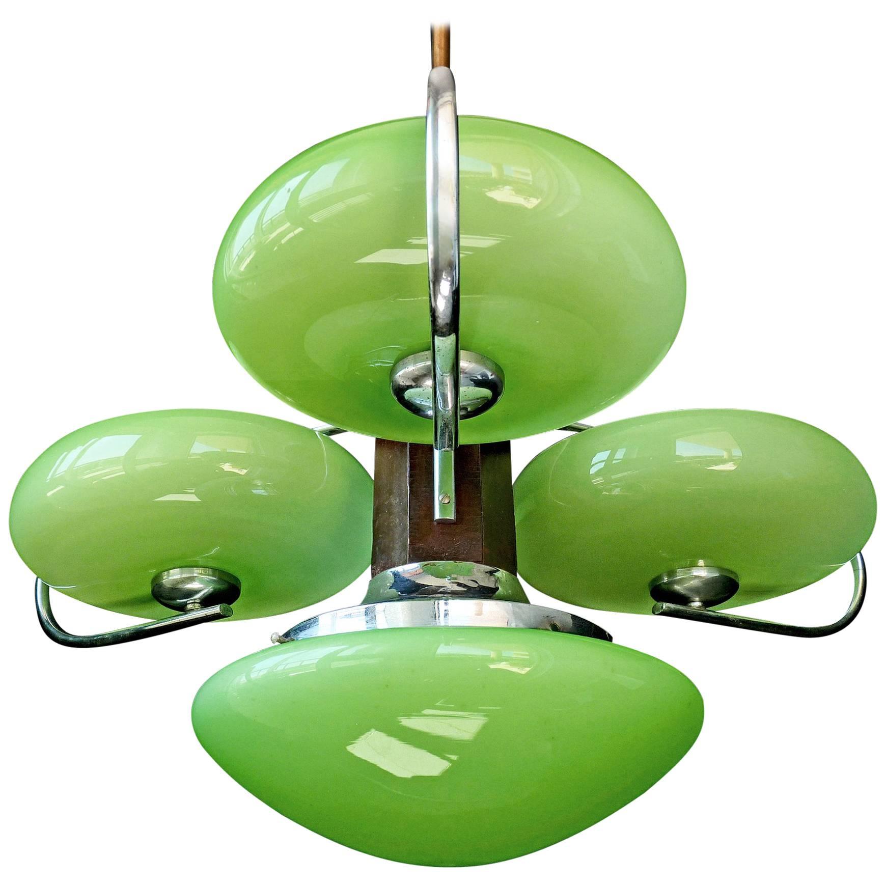 Antique French Art-Deco Opaline Green Glass Shades/Four-Light Chrome Chandelier
