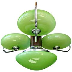 Antique French Art-Deco Opaline Green Glass Shades/Four-Light Chrome Chandelier