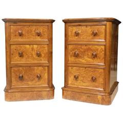 Exceptional Pair of Burr Walnut Victorian Period Antique Bedside Chests