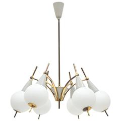 Modernist Italian Brass and Satinated Glass Chandelier, 1950s 6