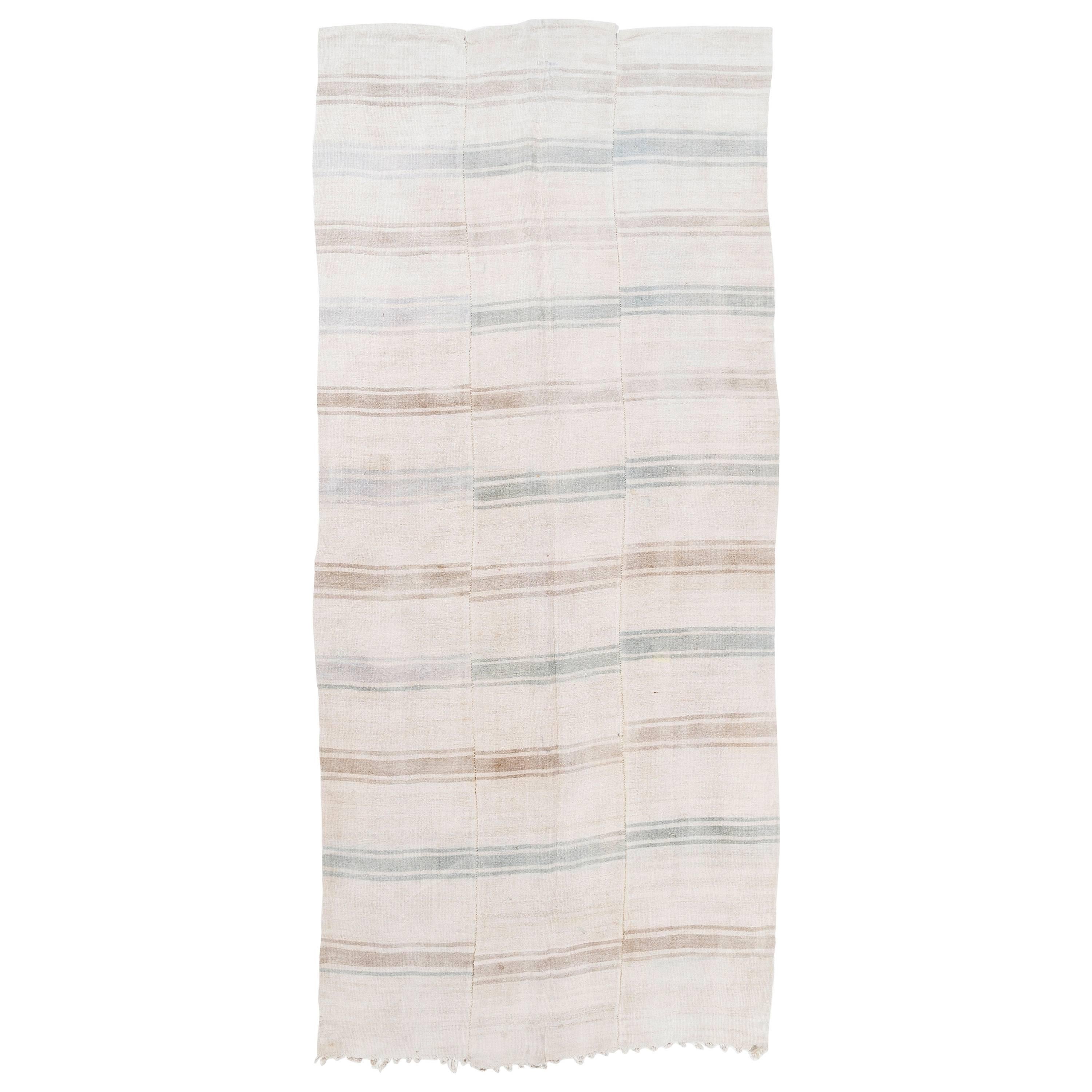 6x14 Ft Striped Hemp Kilim in Soft Colors. Flatweave Floor Covering. Reversible