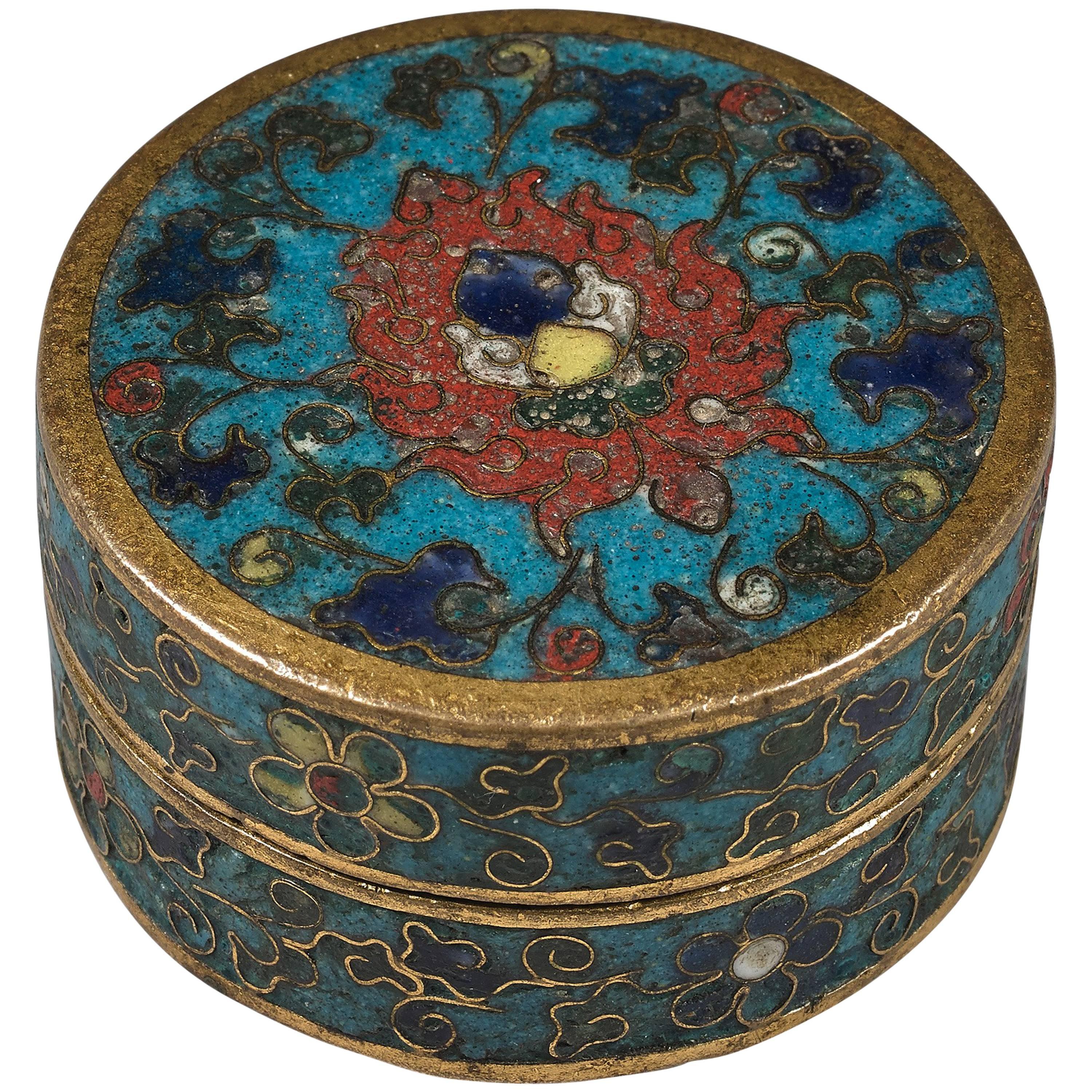 15th Century Ming Dynasty Small Chinese Gilt Bronze and Cloisonné Round Box For Sale