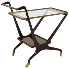 Service Cart Ebony Stained Wood Glass Brass Vintage Manufactured in Italy, 1950s